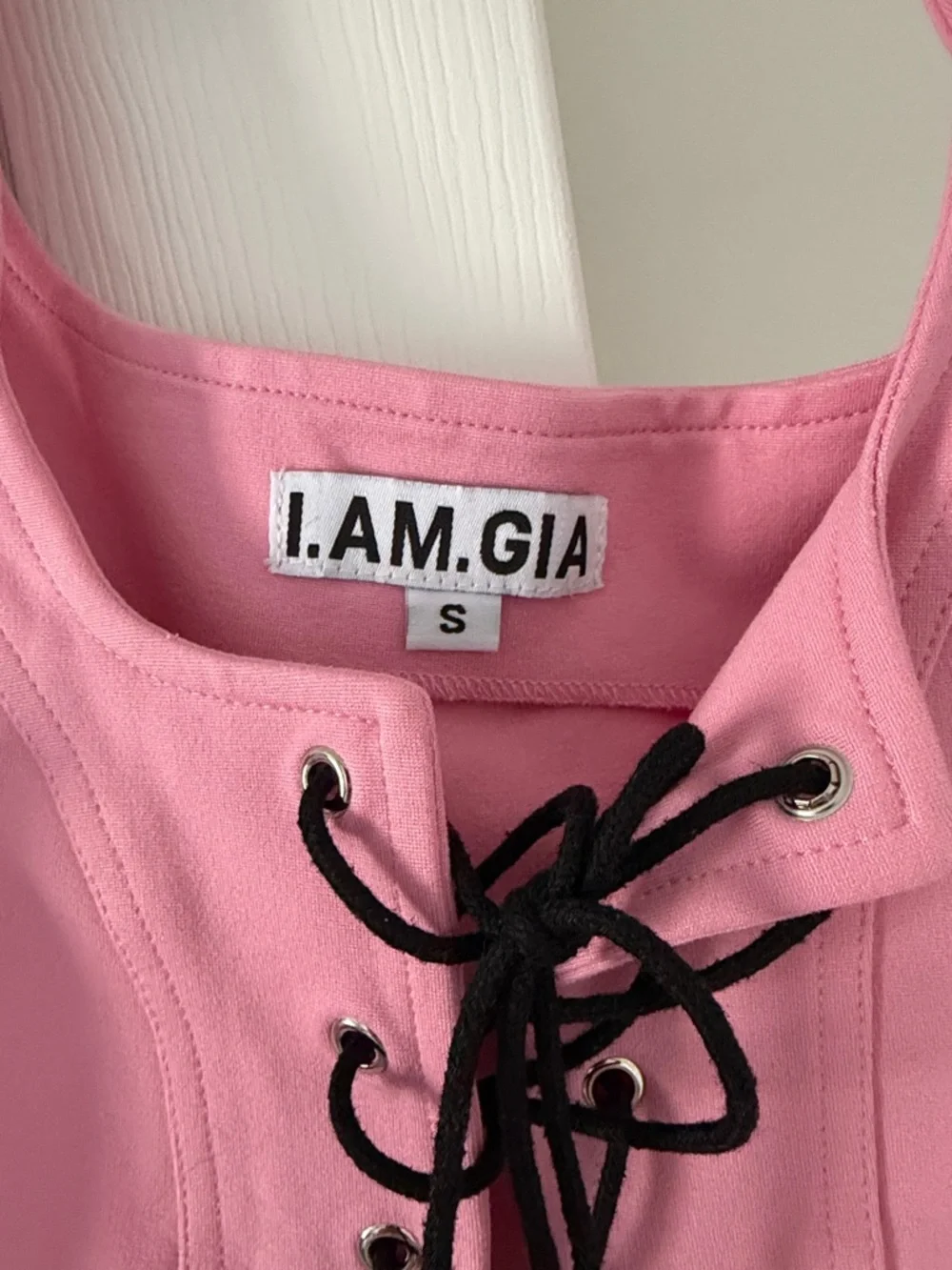 I.AM.GIA Pink Lace-Up Corset Crop Top with Black Ties - Picture 2 of 3